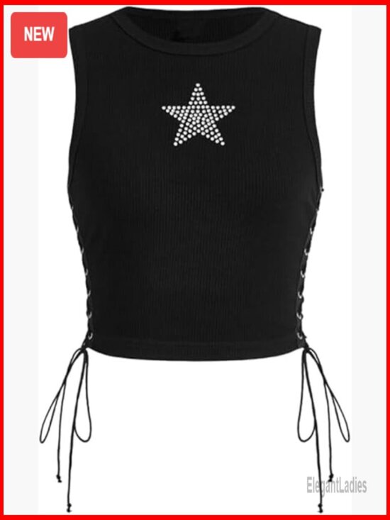 Tops - Sleeveless Ribbed Star Crop Tank Top Y2K Going Out Tops